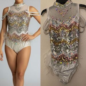 Glamour solo dance costume silver gold sequin rhinestoned bling SA adult